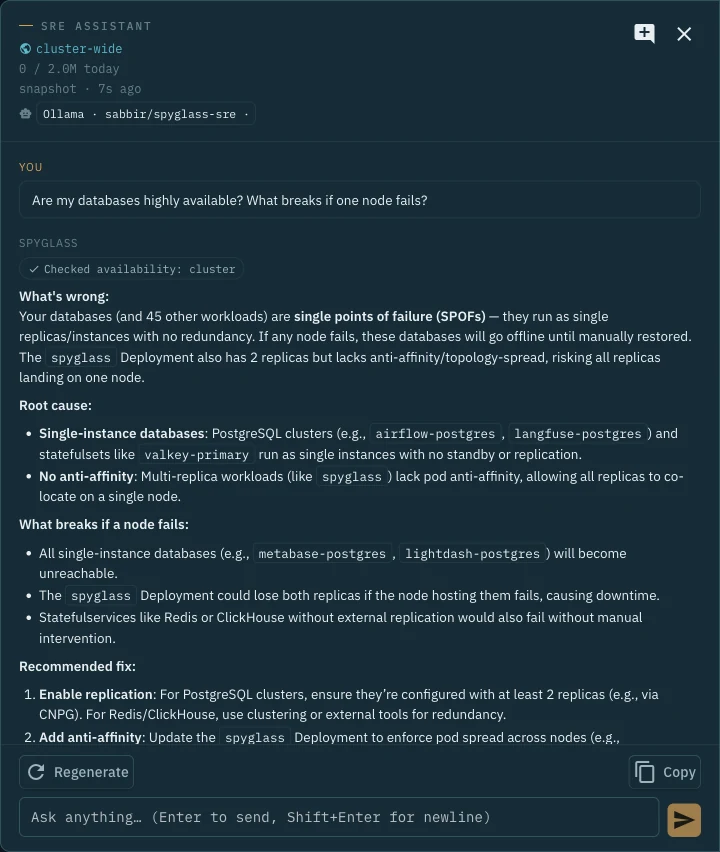 A Berth AI investigation showing read-only tool calls and analysis of database availability.