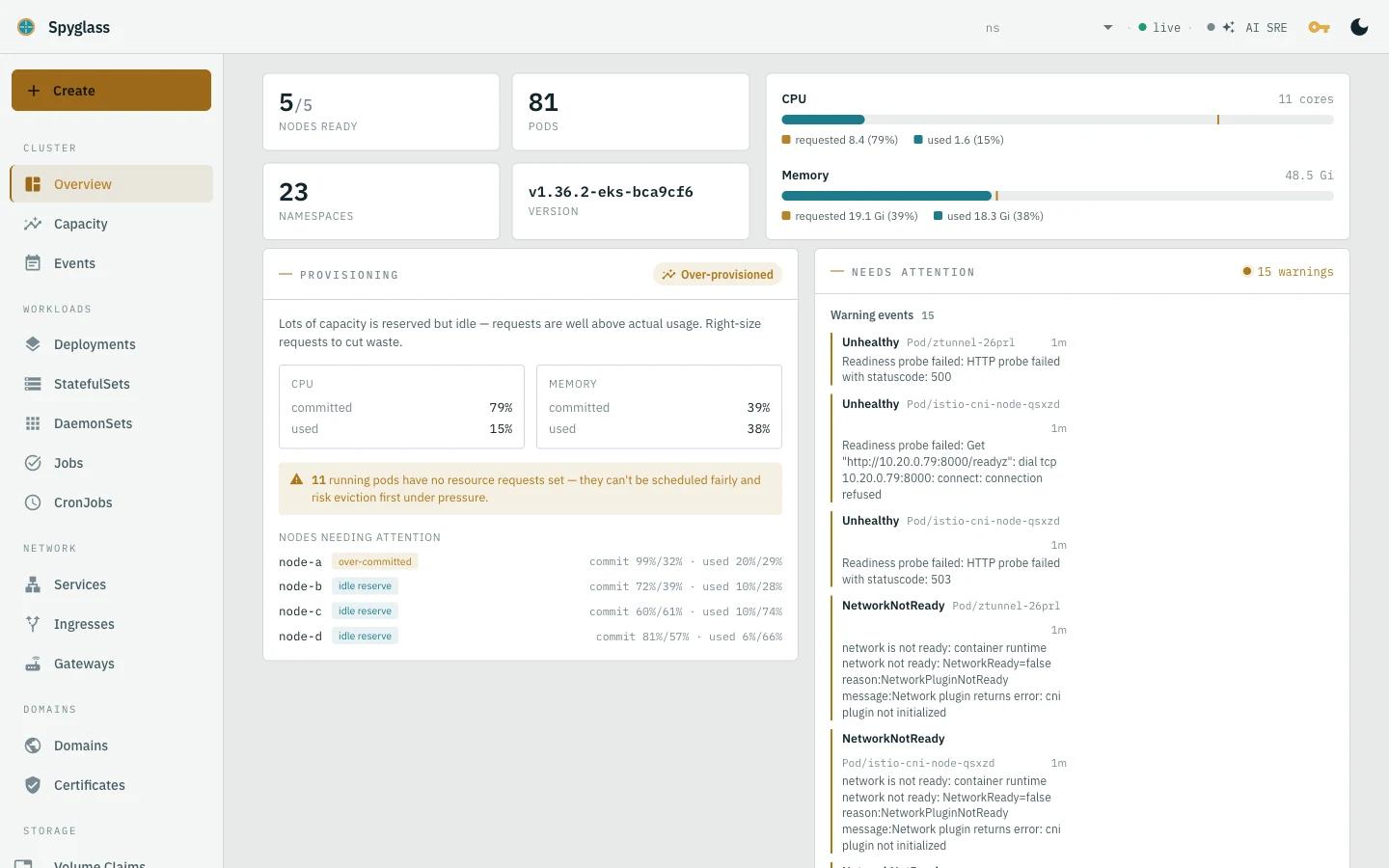 Berth cluster overview with an Operational banner and a list of exposed endpoints showing TLS status and backend readiness.